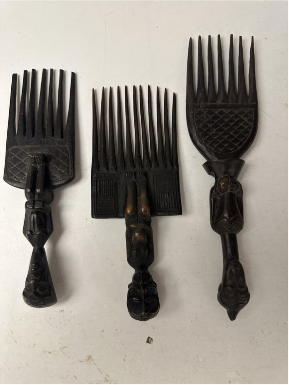 Vintage Hand Carved Wooden African Afro Pick Hair Combs Tribal Figures Lot of 3